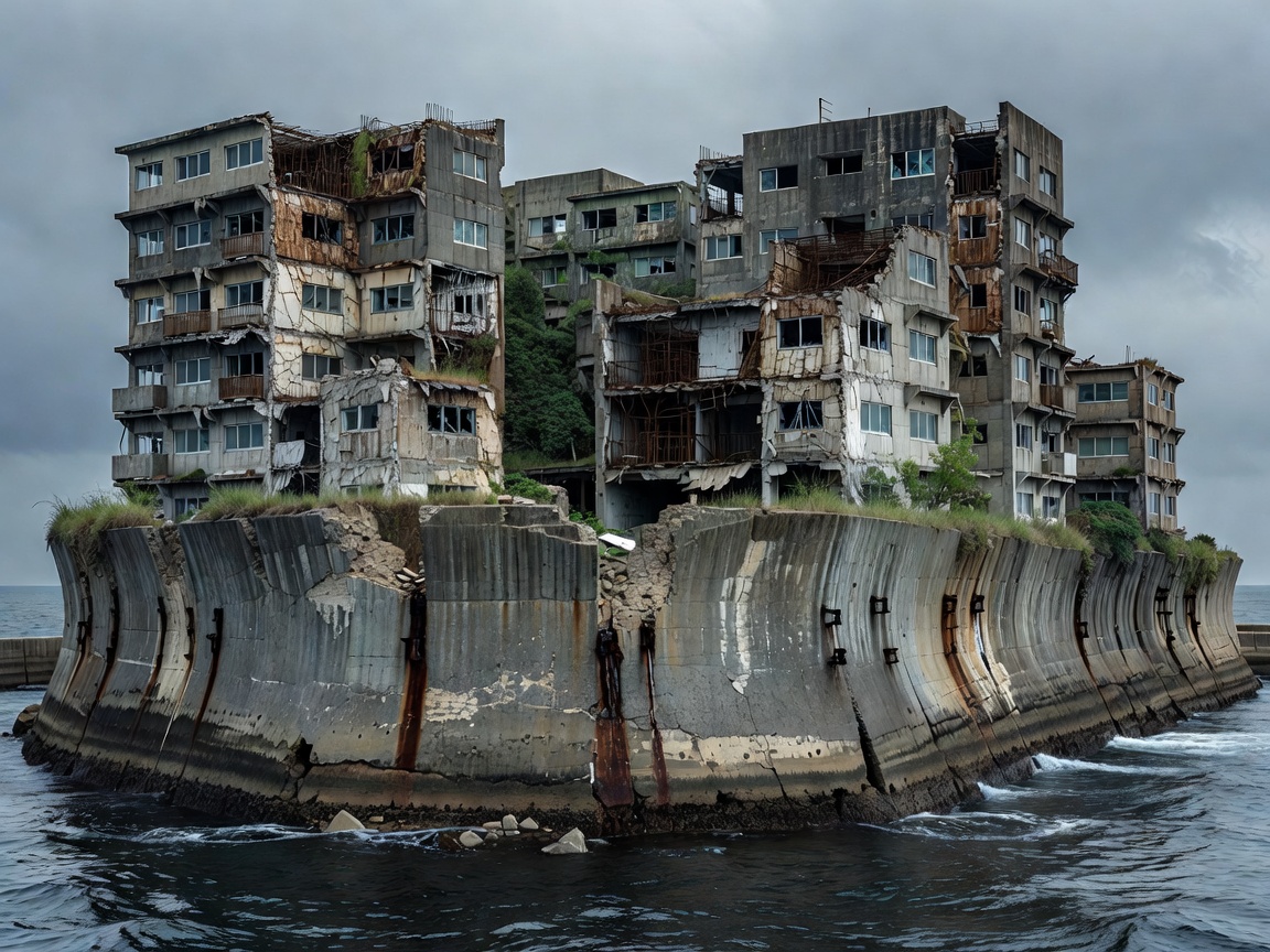 Hashima Island abandoned concrete high rises towering in the East China Sea