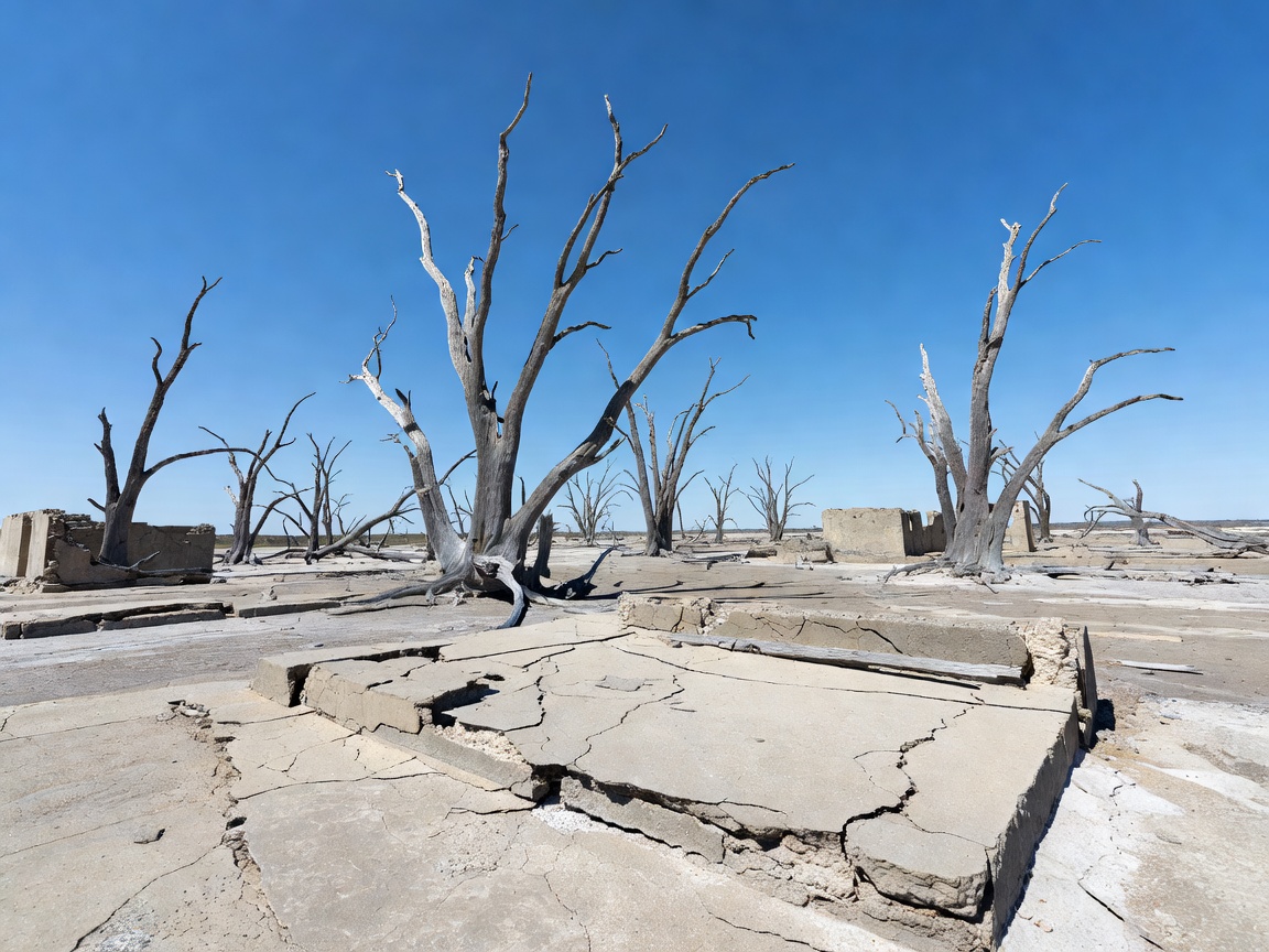 Dead silver bleached trees and cracked concrete foundations of Villa Epecuen under bright blue sky
