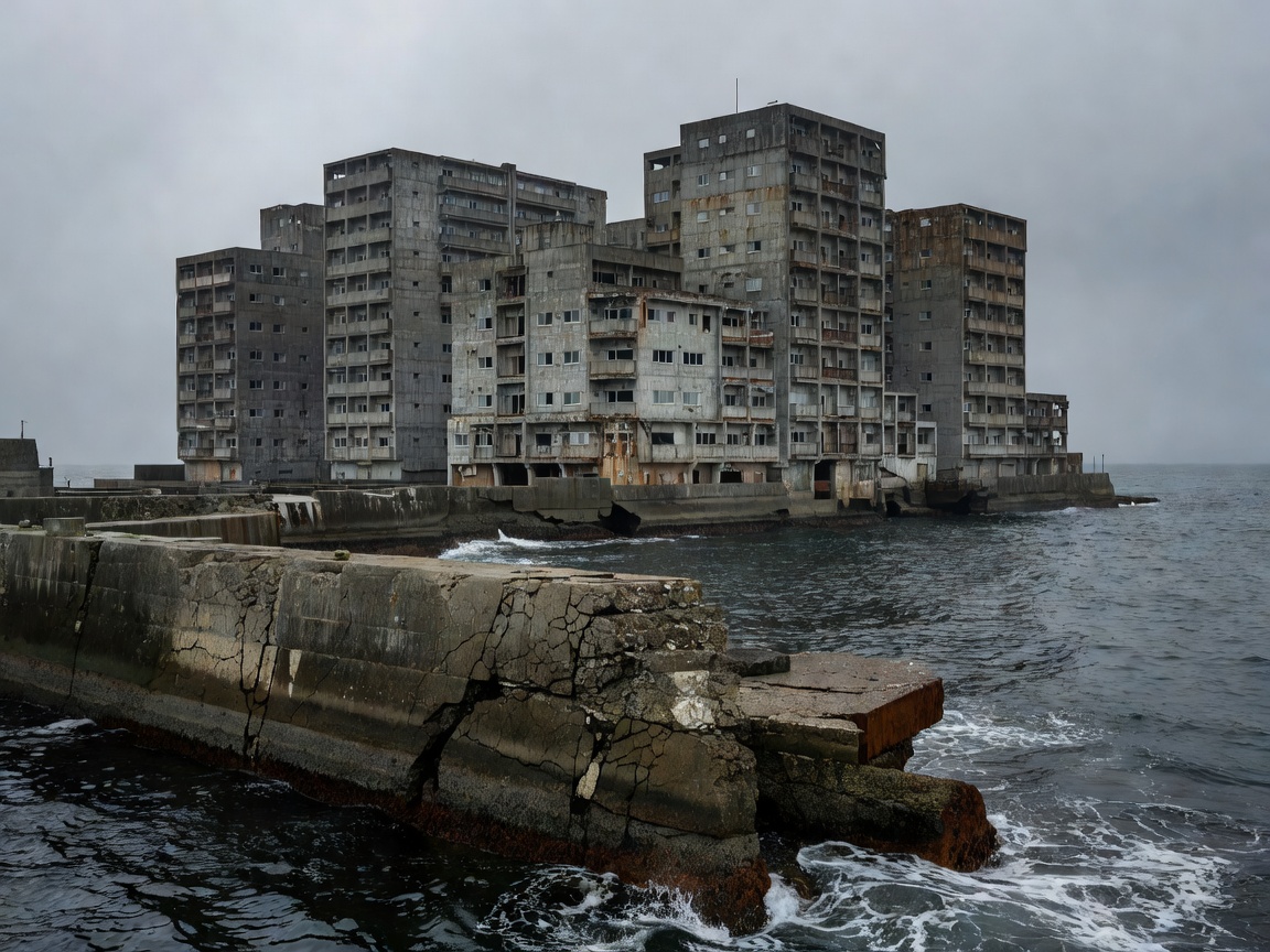 Decaying seawall and brutalist apartment buildings of Hashima Battleship island emerging from the ocean