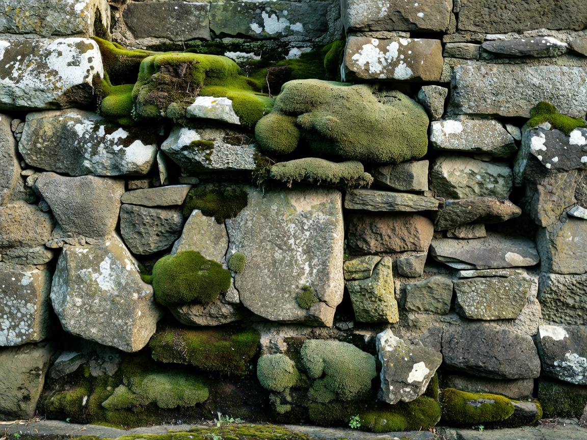 Lichen and moss colonizing a decaying stone facade of an abandoned ghost town building