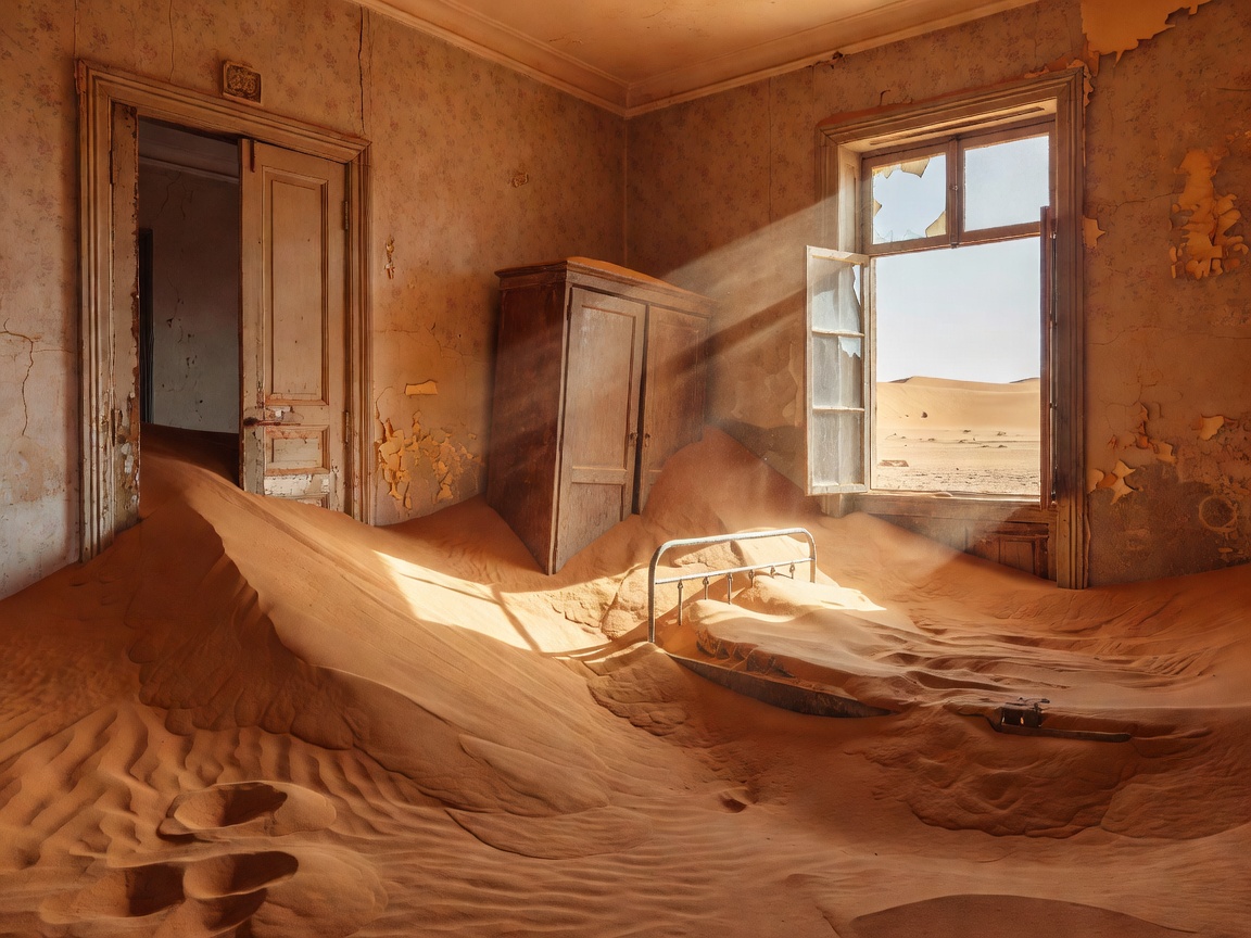 Kolmanskop ghost town desert sand dunes entering abandoned house windows