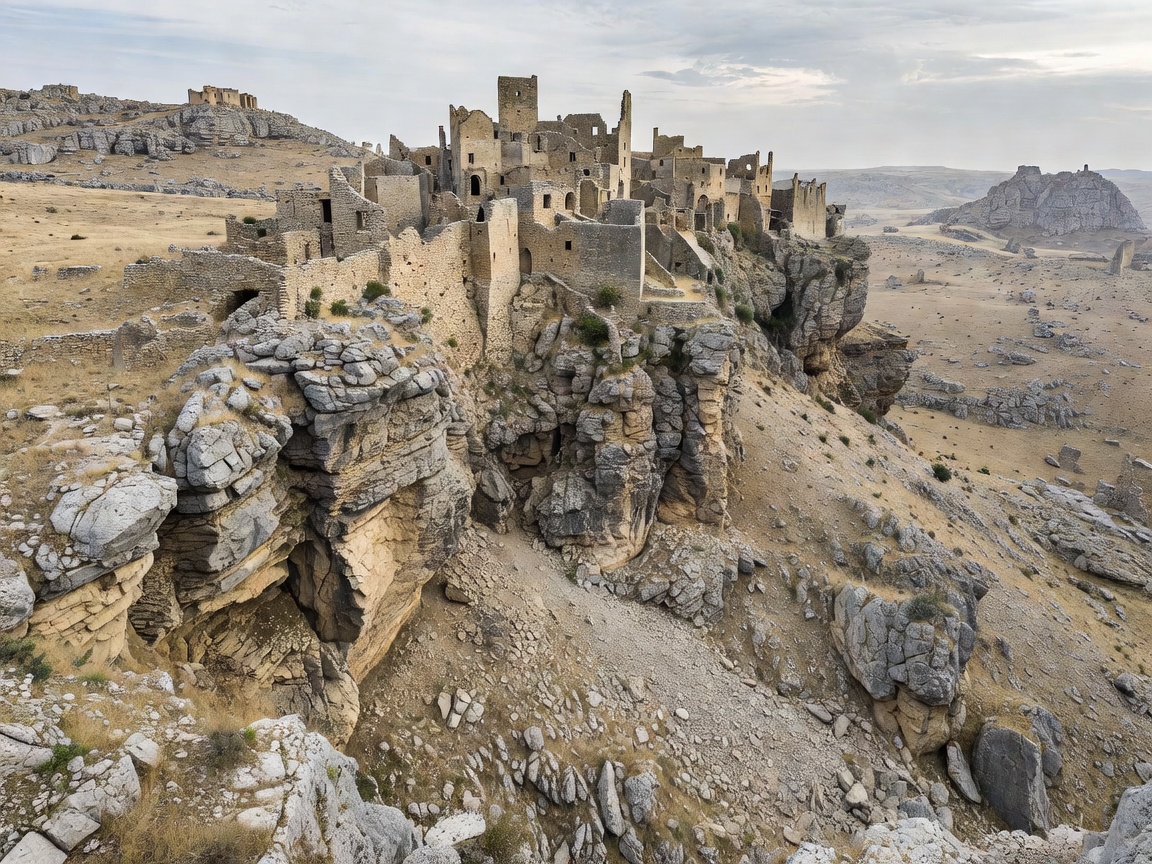 Panoramic view of Craco medieval abandoned stone village perched precariously on barren limestone cliffs