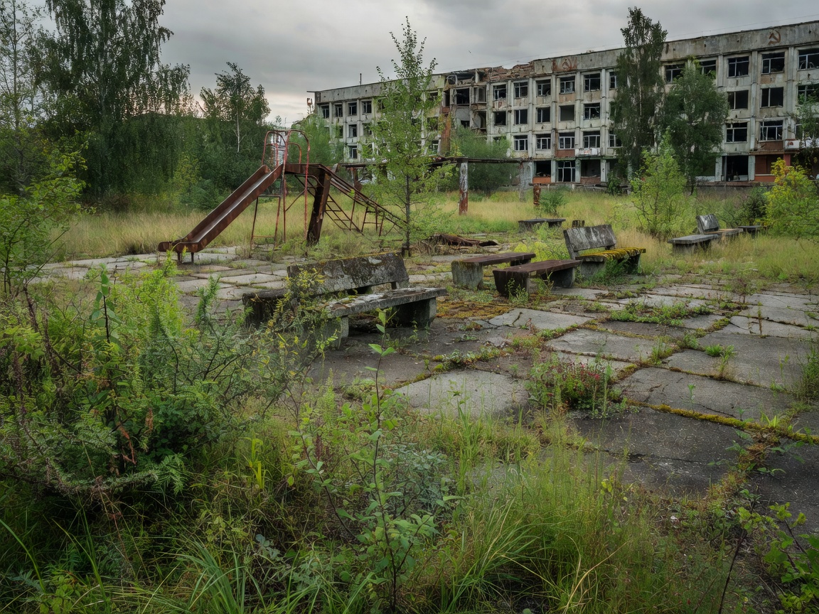 Pripyat Ferris wheel rusted against overgrown forest background