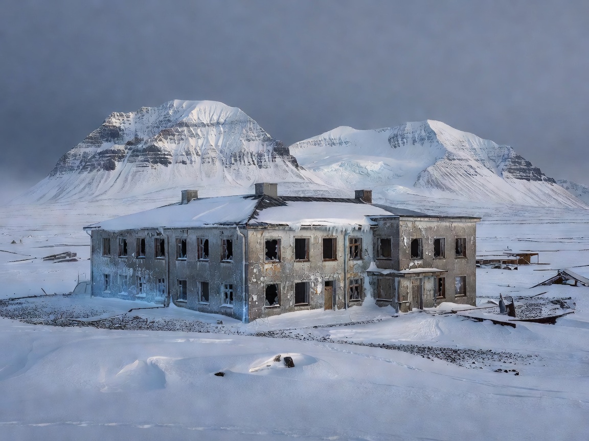 Pyramiden Svalbard abandoned Soviet cultural center with snow capped arctic mountains behind