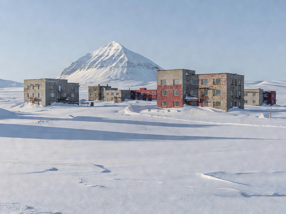 Pyramiden Svalbard snow covered arctic ghost town against fjord mountains