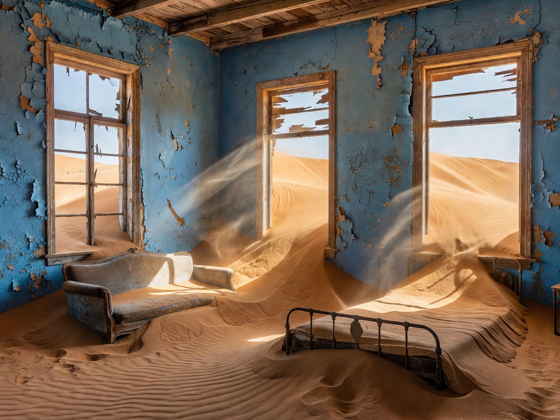 Windblown sand dunes rising to windowsill height inside a peeling blue parlor in Kolmanskop ghost town